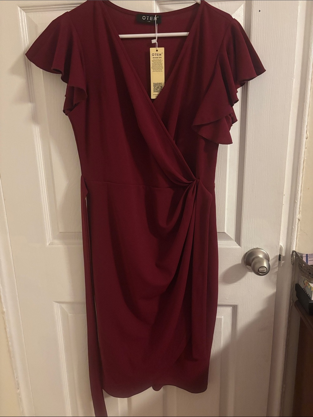 O'Teal Burgundy Wrap Dress with Ruffle Sleeves